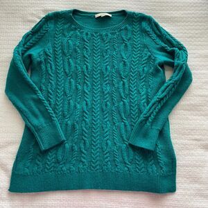 Large LOFT Blue-Green Cotton Blend Crewneck Cableknit Sweater